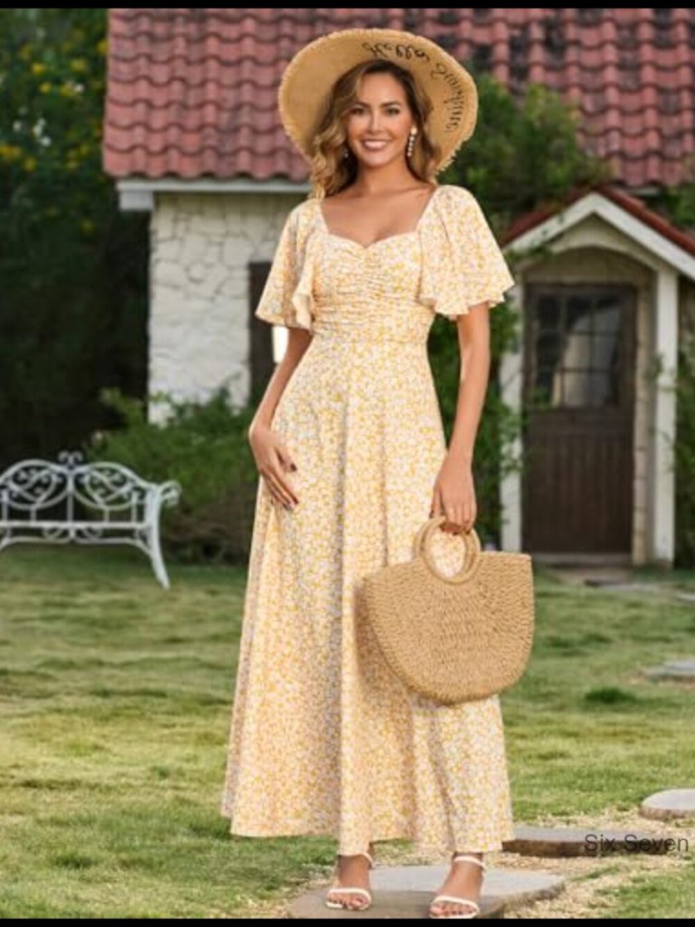 Polyester Maxi Dress with Smocked Back, V-Neck, A-Line Flowy Summer Casual - Picture 5 of 6